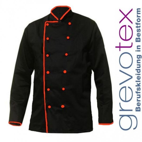 Kochjacke Bäckerjacke langarm schwarz mit Paspel orange